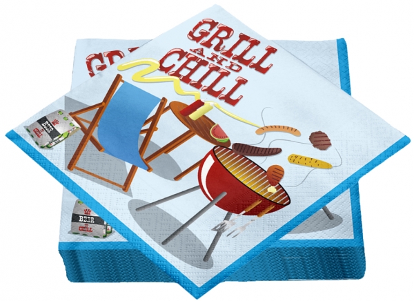 Premium Servietten papier mit Motiv "Grill and Chill" 330mm 3-lagig 1/4 Falz