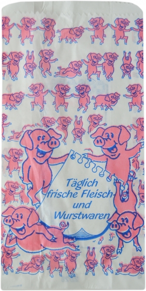 Fleischerfaltenbeutel PE 150x50x230mm mit Motiv "Tanzendes Schweinchen"