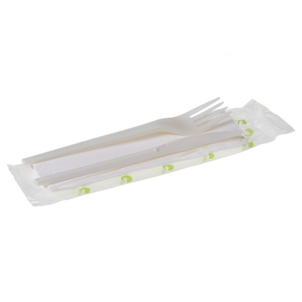 Besteckset 3-tlg. weiß aus PLA Gabeln + PLA Messer + Serviette eingeschweißt, kompostierbar